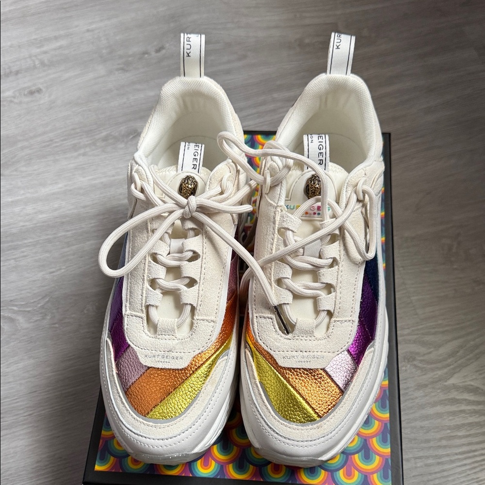 Kurt Geiger Cream Sneakers with Metallic Rainbow Panels